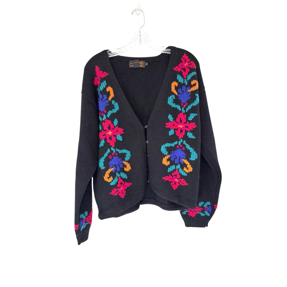 Eddie Bauer Women's Knit‎ Crochet Floral Cardigan VTG Black Wool Button Up Large